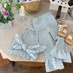 Summer 2-6 Year Baby Girls 2PCS Clothes Set Sleeveless Blue Solid Color Sling Elastic Waist Cotton Pants Suit Children Outfits