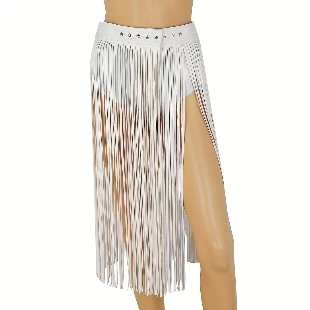 Saia longa estilo gótico com borla, meia saia para mulheres, cinto ajustável, saia de couro pu, adequada para festas noturnas, praias