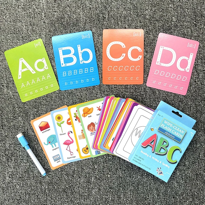 Alfabeto Cognitive Flash Card com caneta, Brinquedo infantil, Ensino Aids, pode ser apagado