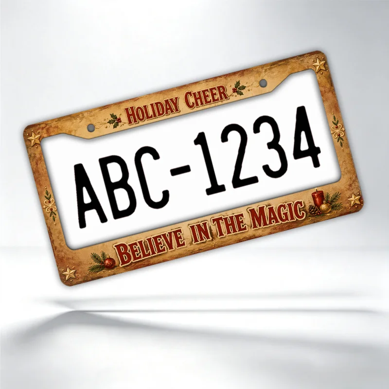 1pc Metal License Plate Frame Licence Plate Cover with Holiday Cheer And Believe in The Magic for Festive Holiday Celebrations