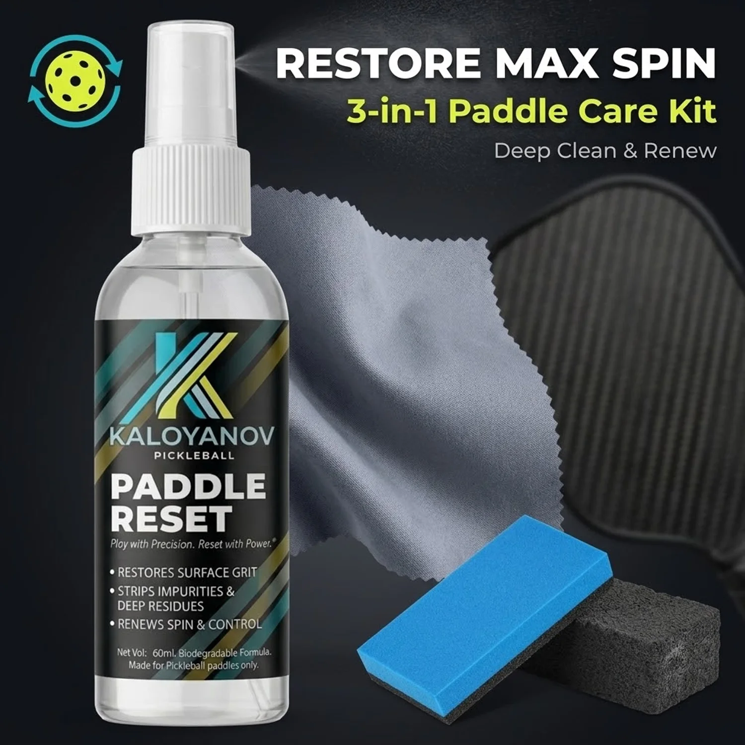 

4in1 Pickleball Paddle Cleaning Kit Professional Set Spray Microfiber Cloth Eraser Restore Spin&Control for Carbon Fiber Paddles