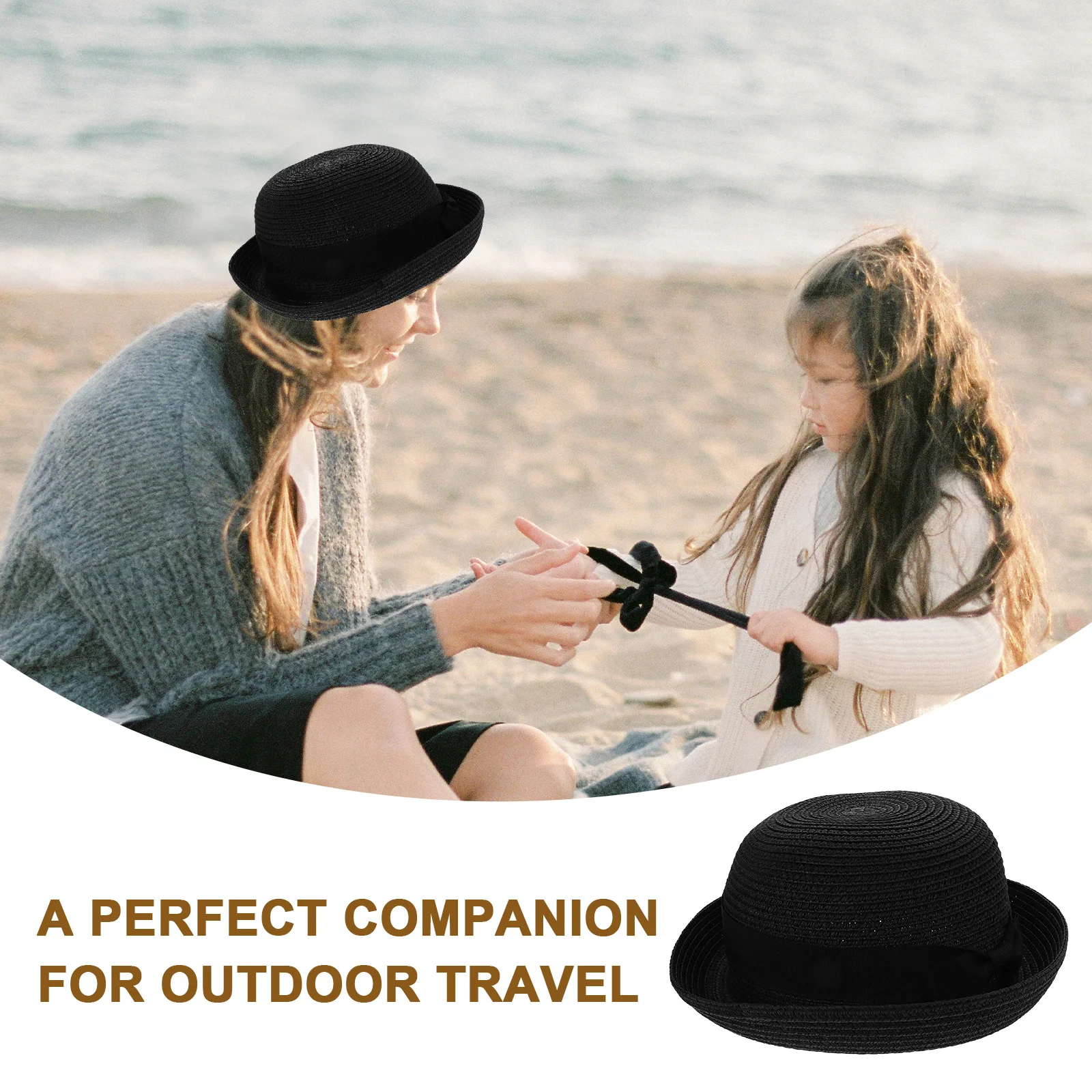 

Summer Straw Sun Women Foldable Round Dome Free Size Light Coffee Cute Bowknot Beach Cap Wide Brim Ladies Straw Hat