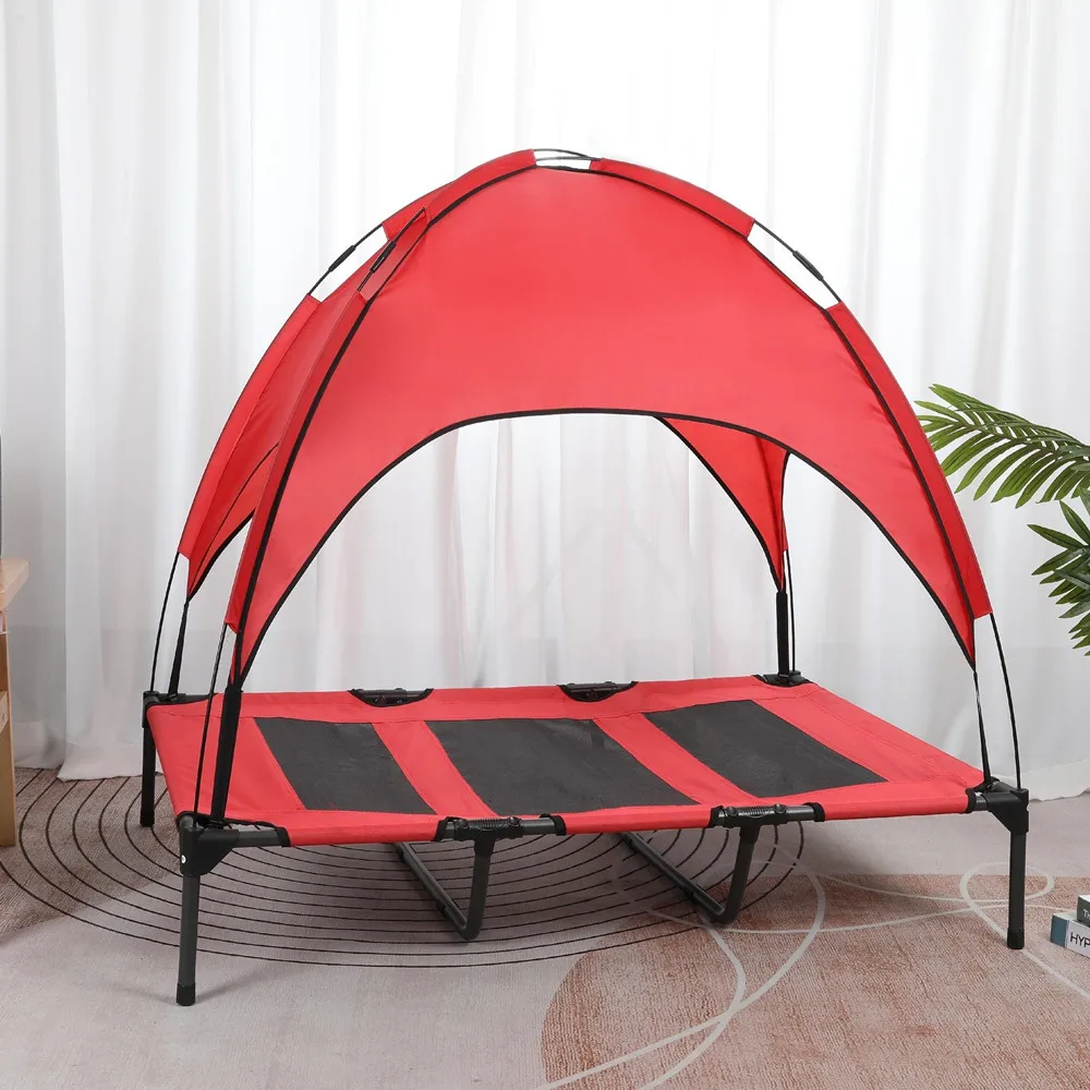 

120X90X24cm Elevated Pet Bed with Canopy Portable Pet Cot for Camping Beach Dogs Cats Raised Breathable Mesh Bed and Tent