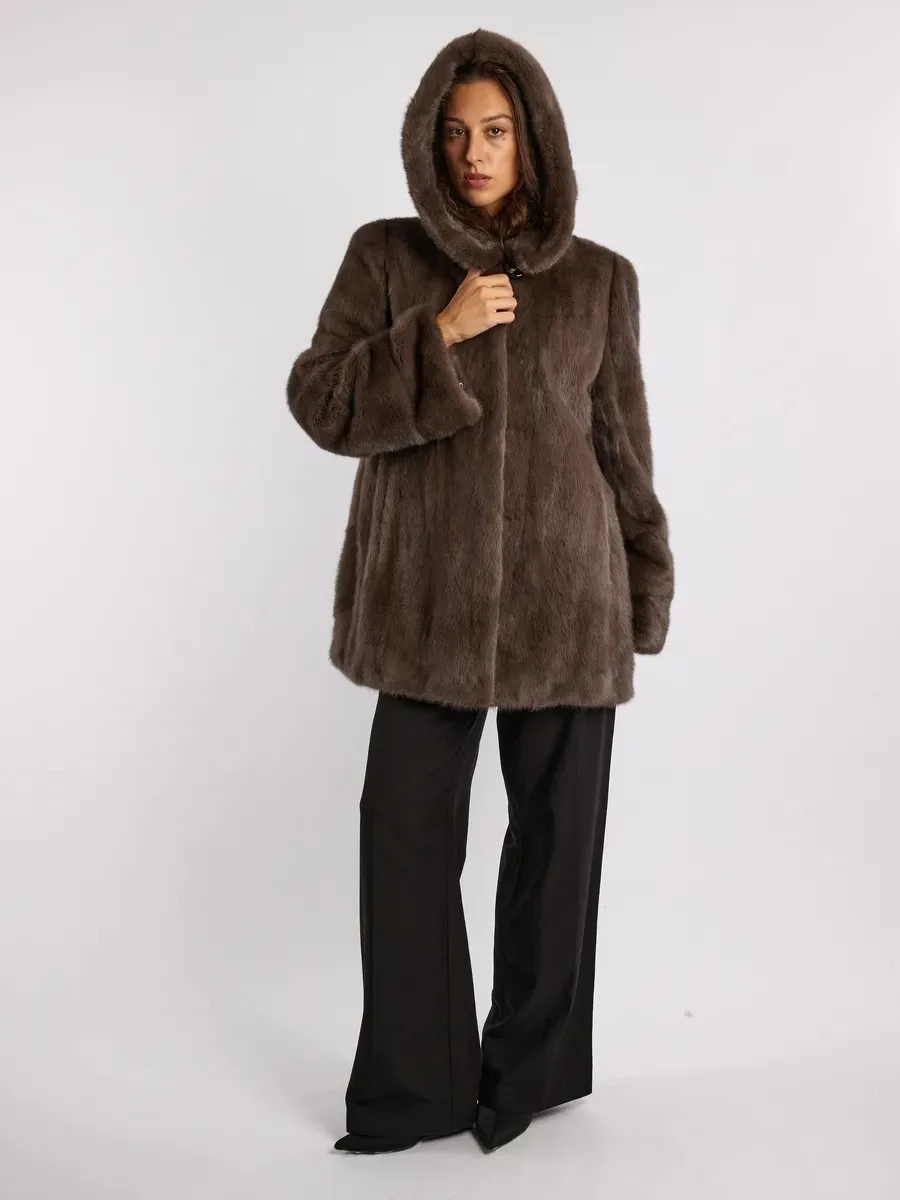 IG Women Brown Hooded Single Button Mid-Length Faux Fur Coat, Side Pockets, Winter Warm Vintage Elegant Commute Outerwear