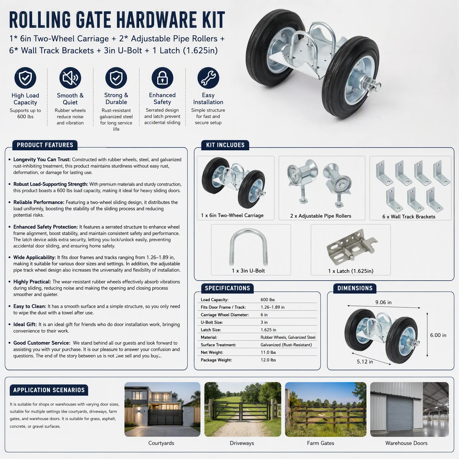 Sliding Gate Wheels Kit 600 lbs Capacity, Rolling Gate Hardware Set with Adjustable Pipe Track Wheels & Latch, Heavy Duty Sliding Door Rollers for Warehouse Farm Shop, Silver