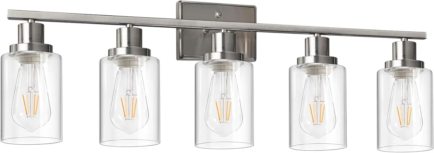 Ascher 5 Light Bathroom Vanity Light, Modern Over Mirror Light Fixtures With Clear Glass Shade, E26 Base Brushed Nickel Wall