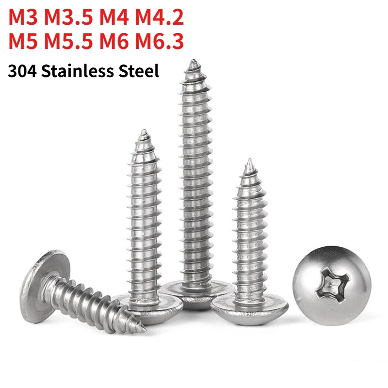 M3 M3.5 M4 M4.2M5M5.5M6M6.3 A2-70 304 Stainless Steel Mushroom Truss Head Phillips Self Tapping Screws Wide Flat Head Wood Screw