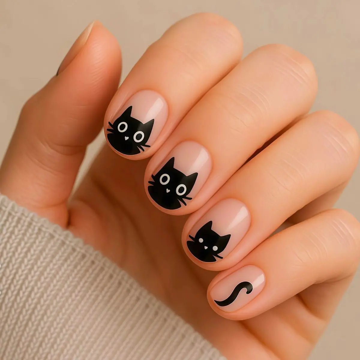 

24PCS Cute Cartoon Black Cat Short Oval Press on False Nails Simple Nude Pink Square Wearable Fake Nails for Girls Ins Nail Tips