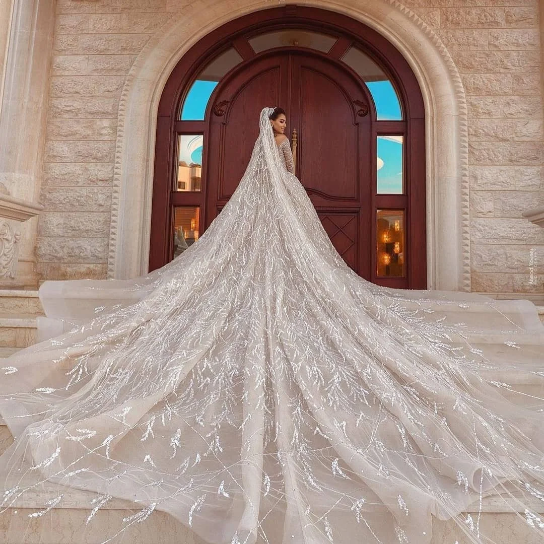 Wedding Dresses Modern Off Shoulder Bridal Gowns Sequins Pearls Long Sleeves Customized Princess Bride Dress Vestidos De Novia