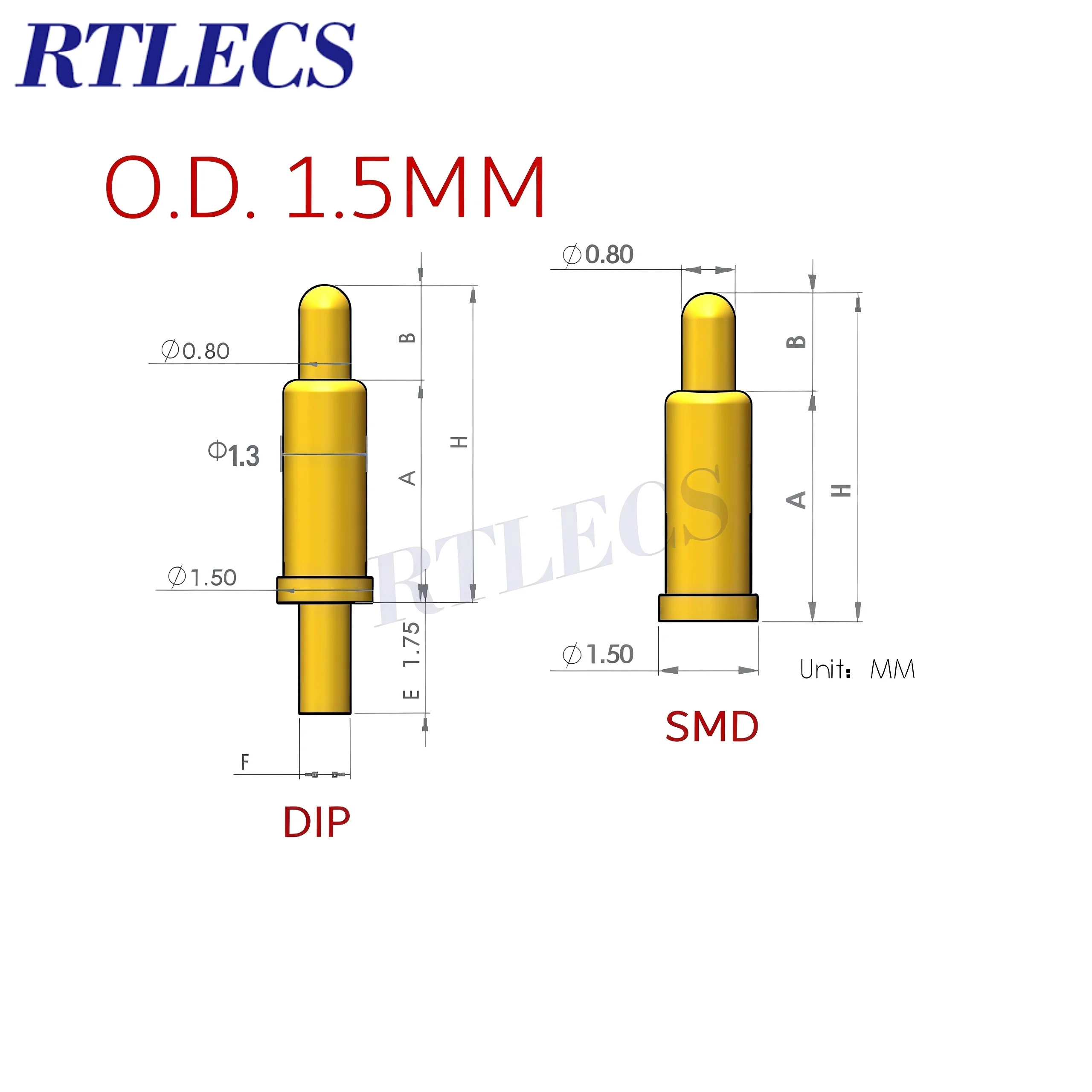 Pogo Pin Spring-loaded Connector Single High Current 2A 1.5mm Outer Diameter Low Profile Through Hole DIP SMD Brass Plated Gold