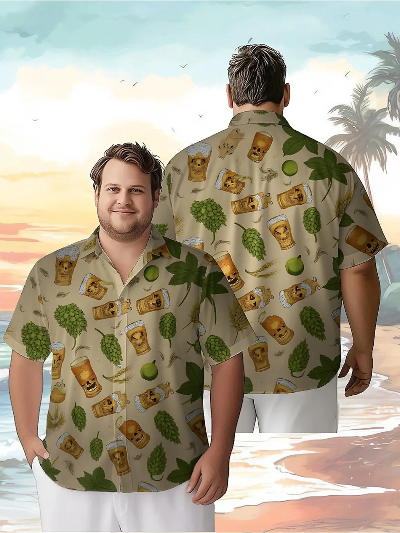 Men's Plus Size Hawaiian Shirts Beer Mug and Hops Pattern,Premium Comfort Youth Clothes,Y2K Tops
