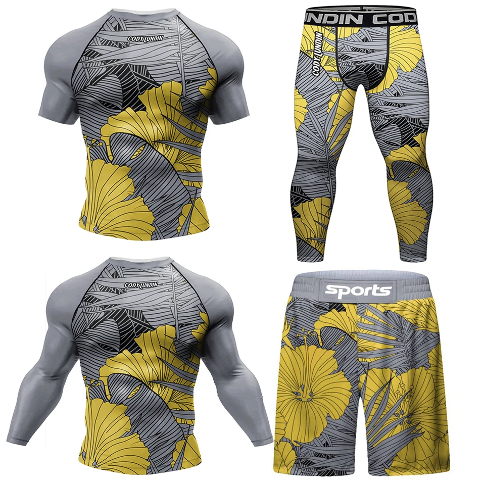 Factory Kickboxing Rashguard Jiu Jitsu MMA T-shirt +Pant 4PCS/Set Men Grappling Bjj Gi Boxing Sportsuits Gym Muay Thai Shorts