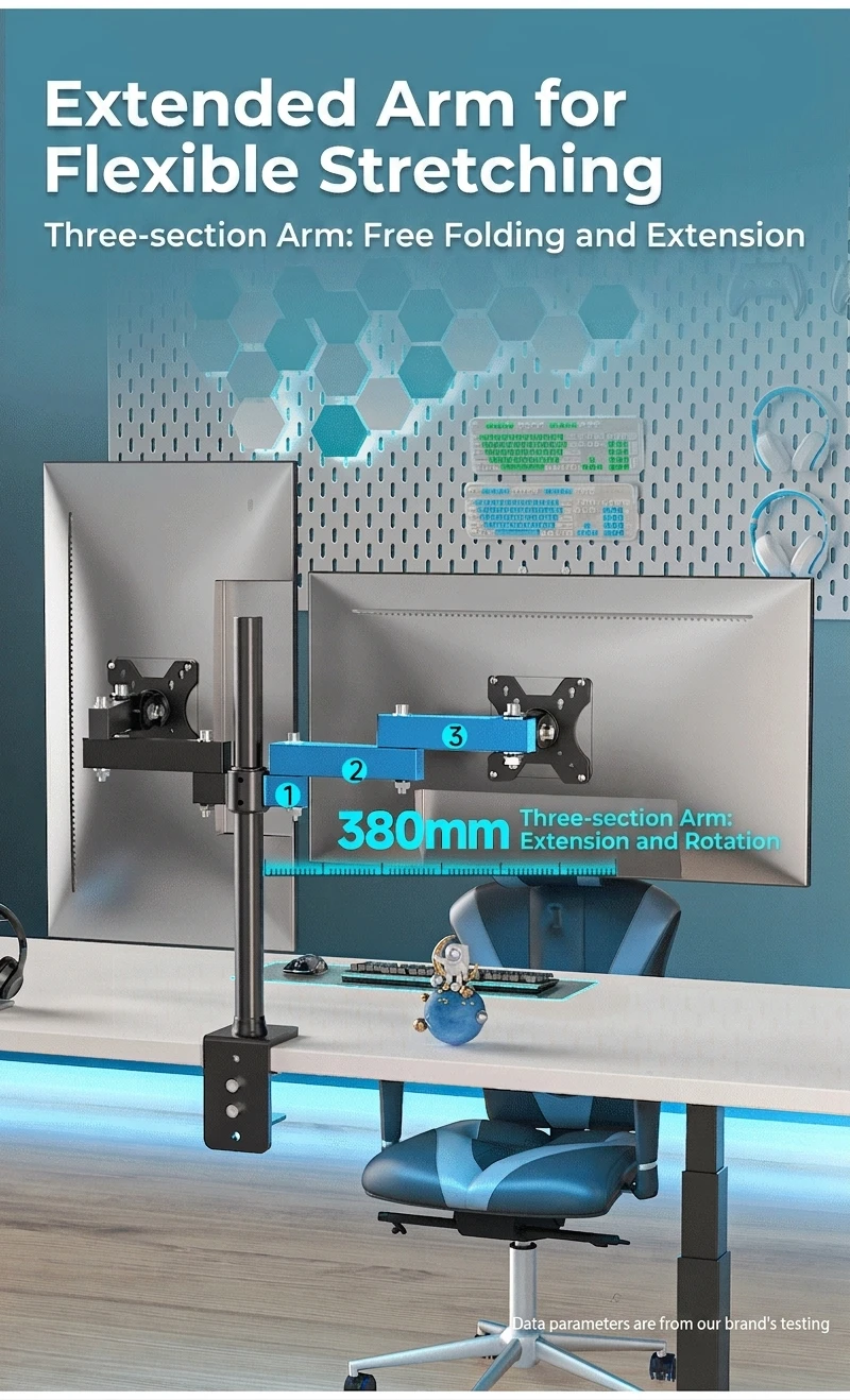 Dual Monitor Arm Desk Mount 14-27 Inch Double Screen Monitor Stand Each Screen Full Motion 360° Rotate ±45° Tilt VESA XD50