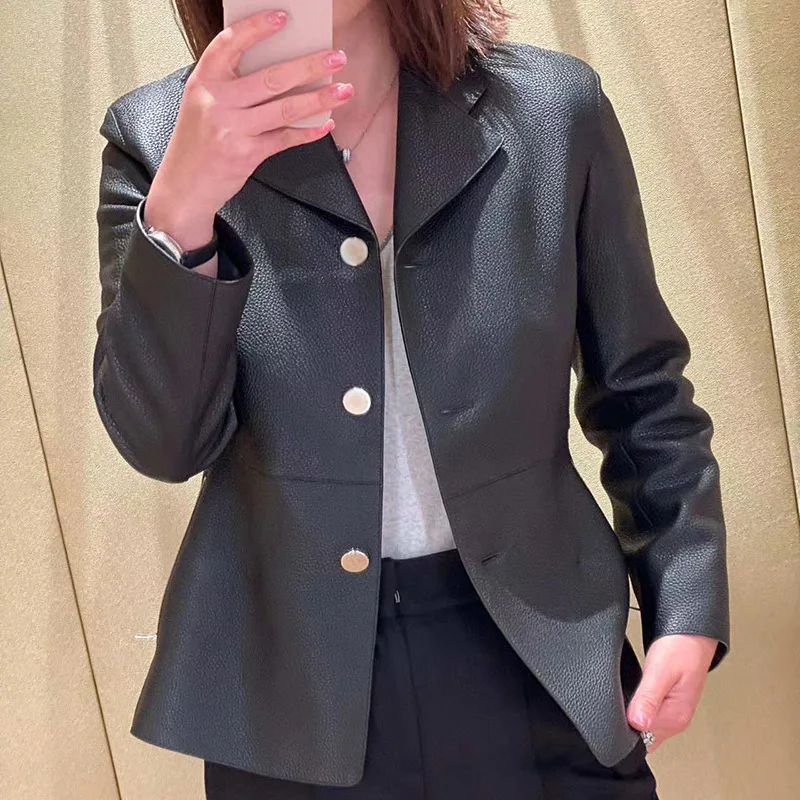 2023 Genuine Leather Coat Autumn and Winter New Sheepskin Rice Grain Flap Collar Single Breasted Slim Fit Suit Coat for Women