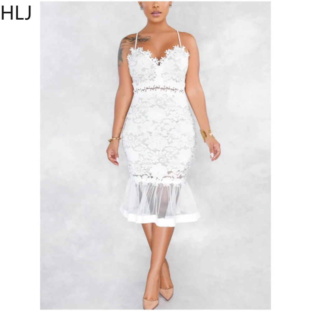 HLJ Sexy Lace Perspective Suspend Dress Women V Neck Sleeveless Mermaid Vestidos Fashion Hollow Mesh Patchwork Party Club Dress