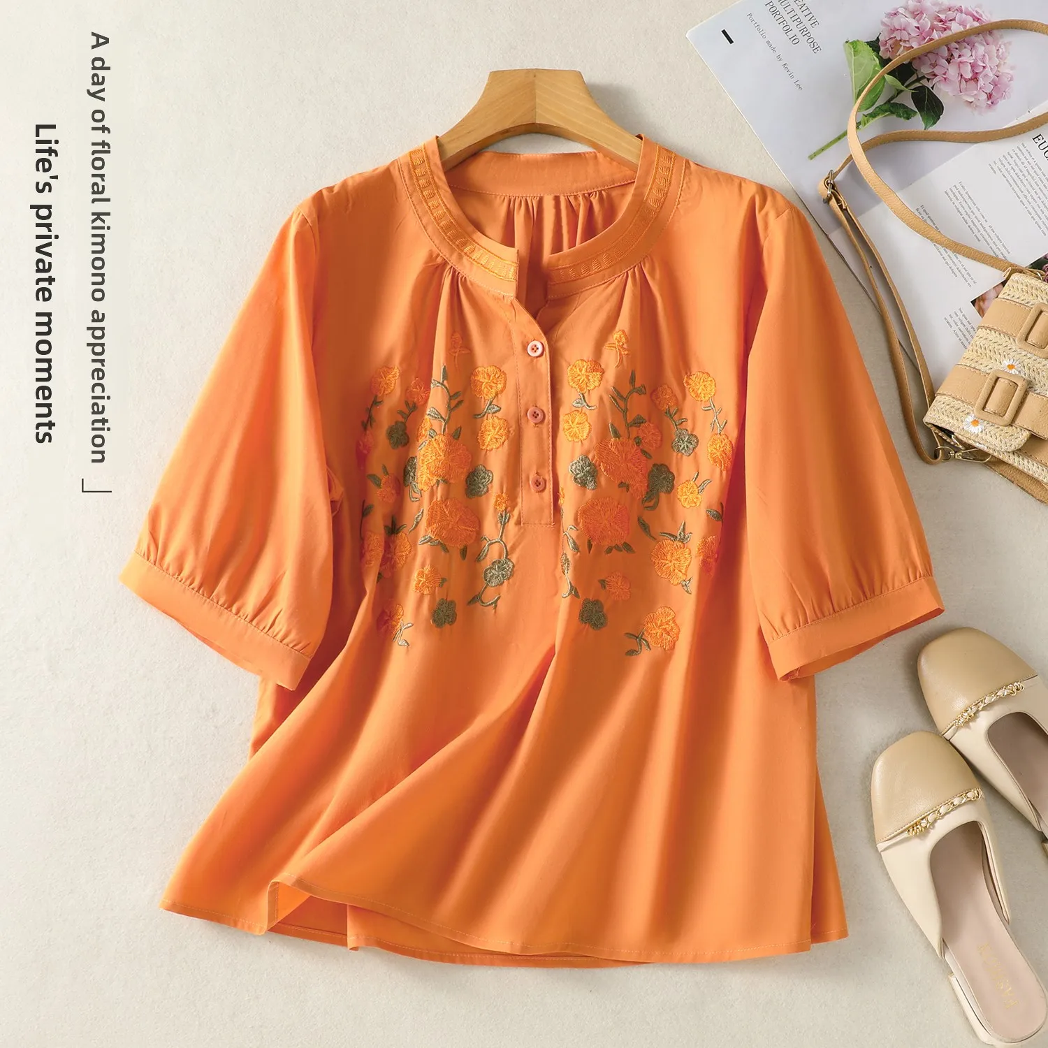 

Women's plus Size Cotton Linen Blend T-Shirt Spring Summer New Style Retro Embroidery Belly Covering Overhead Shirt