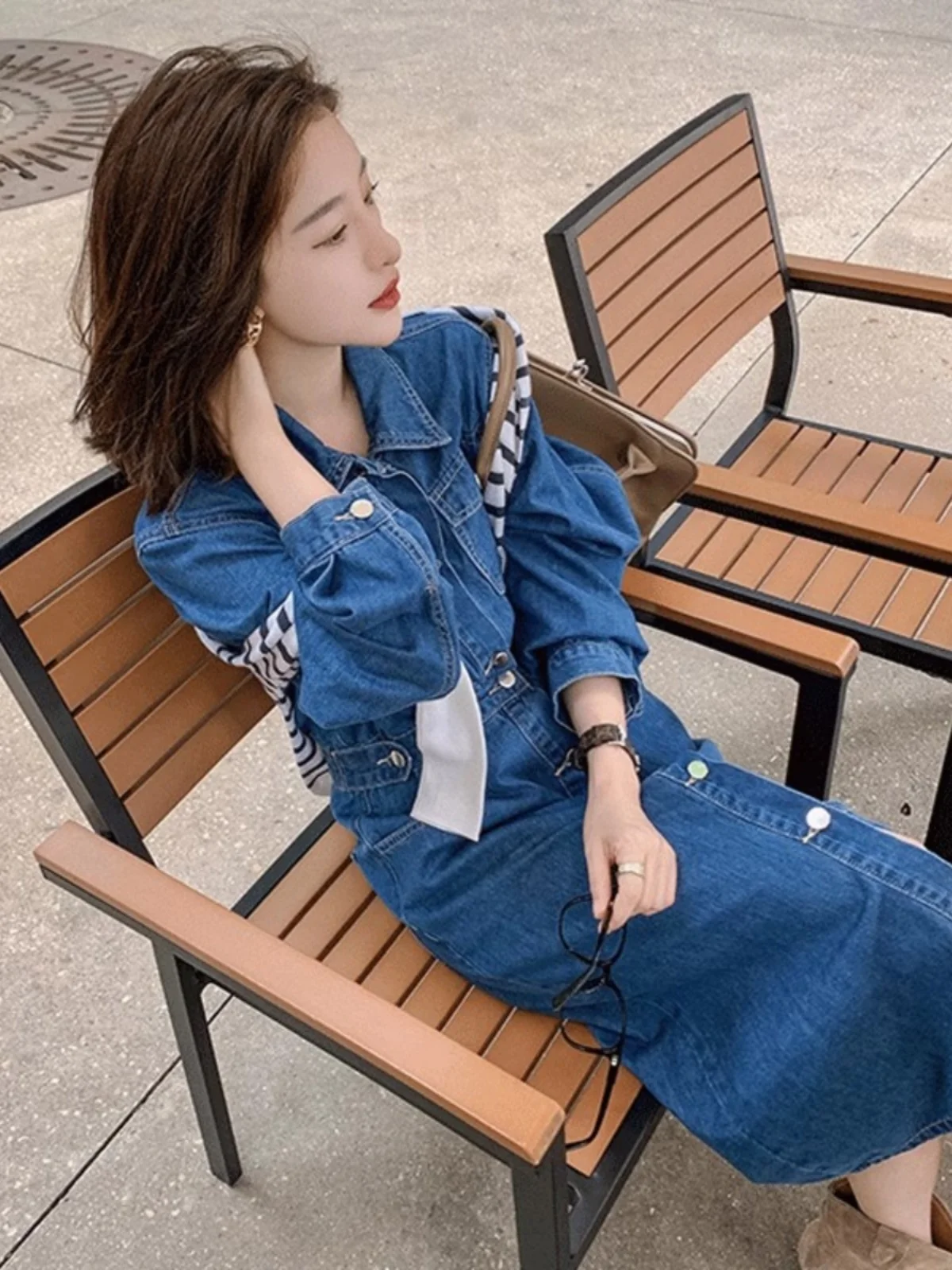 فستان قميص دينم بأكمام طويلة بتصميم عصري راقي للخريف للسيدات، تنورة على شكل حرف a على الطراز الكوري