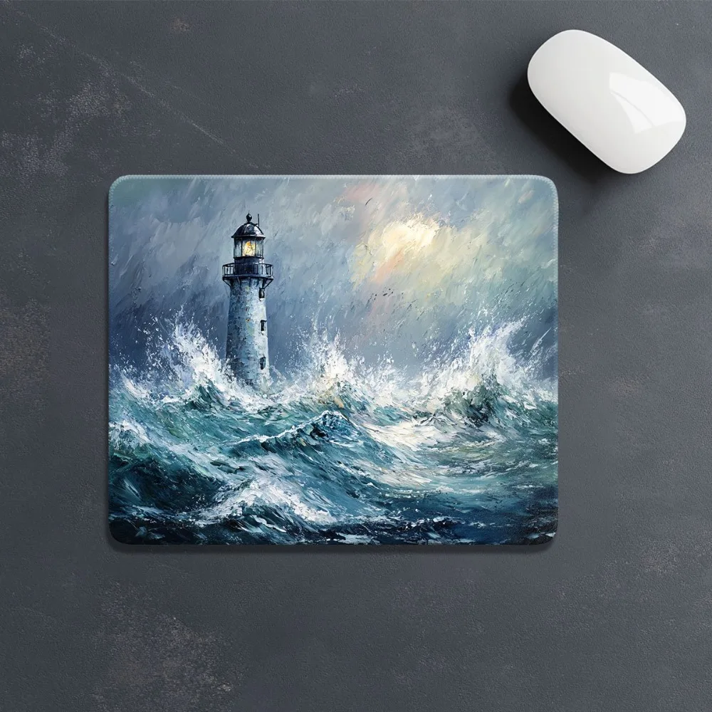 Impasto Oil Painting Lighthouse in Storm Large Mouse Pad, Non-slip Extended Gaming Desk Mat, Waterproof Keyboard Pad