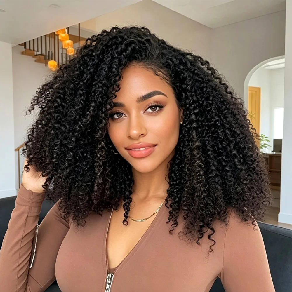 Kinky Curly Machine Made Brazilian Remy Human Hair 3 In 1 Half Wig 32 Inch 220% Density Seamless Drawstring Wear To Go No Leave Out Pre Plucked Wigs
