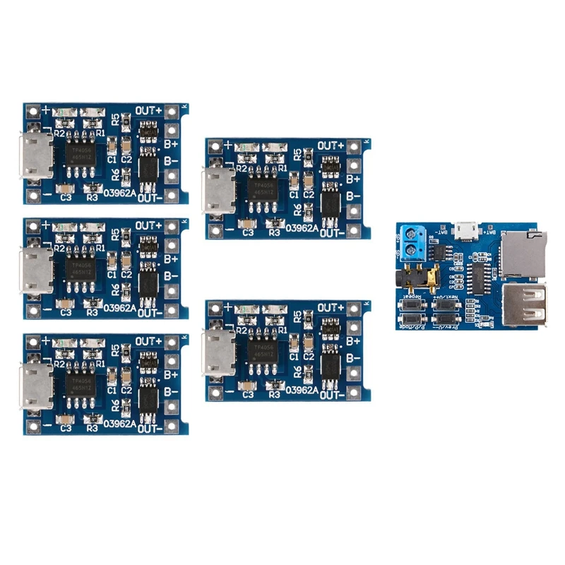 6 Pcs Electronic Accessories: 1 Pcs Mp3 Lossless Decoder Board Comes With Amplifier & 5 Pcs 1A 5V Micro-USB TP4056 Lithium Batte