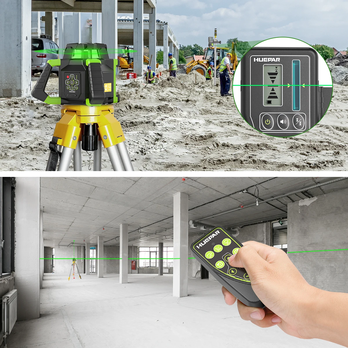 Huepar RL300HVG Rotary Laser Level 360 Degree Machine Line Tool Large battery power For Outdoor Construction