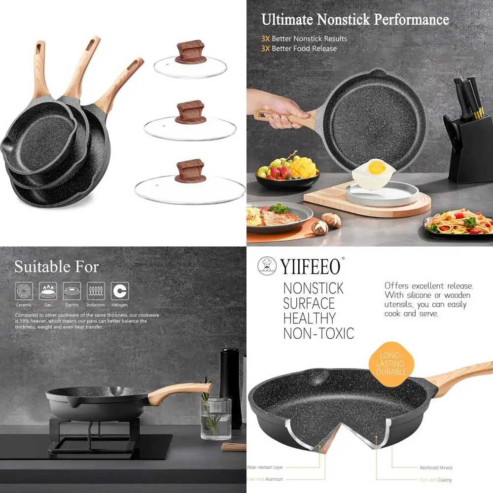 

Granite Non-Stick Cookware Set with Lids, Perfect for Eggs & Omelettes, PFOA-Free, Suitable for All Stovetops, Ideal Kitchen Gif