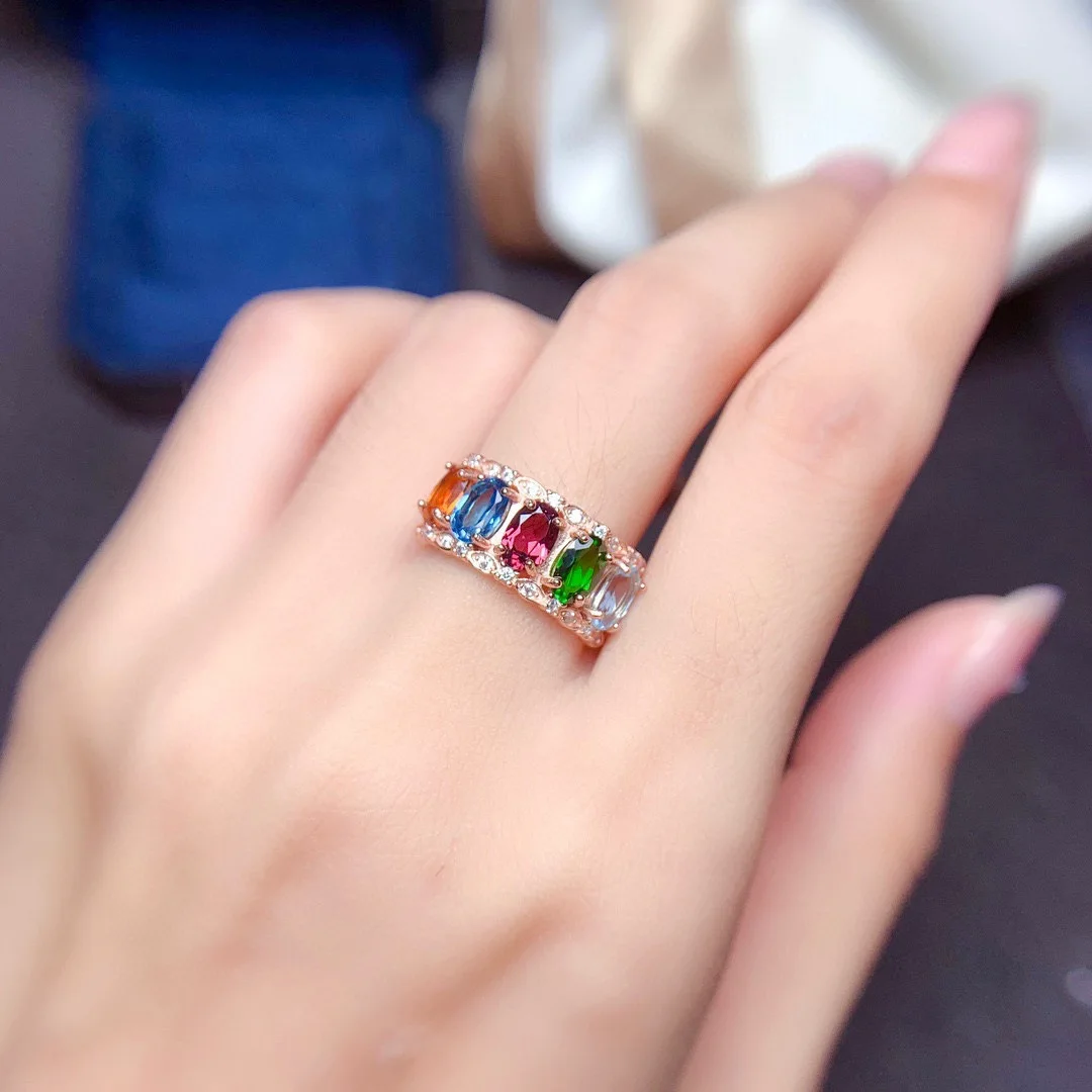 Imitation of natural multiplied crystal rings Women's volleyball rings Multi -kind of color treasure opening ring bioptic mouth