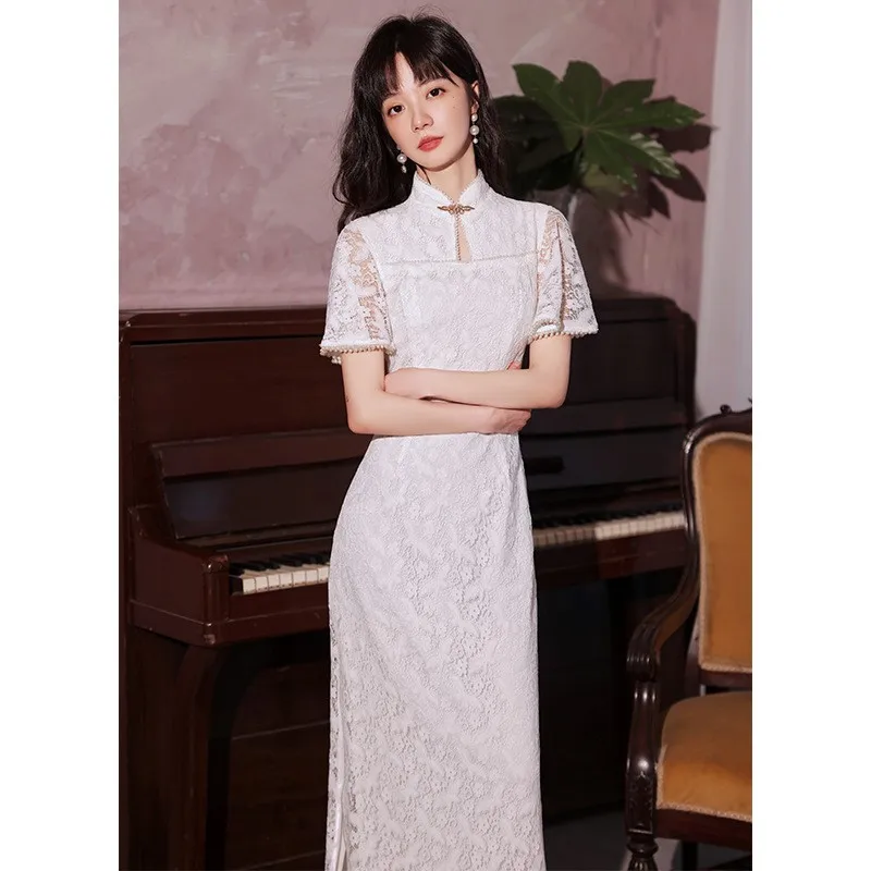 Improved cheongsam evening dress white banquet style niche luxury lace women's