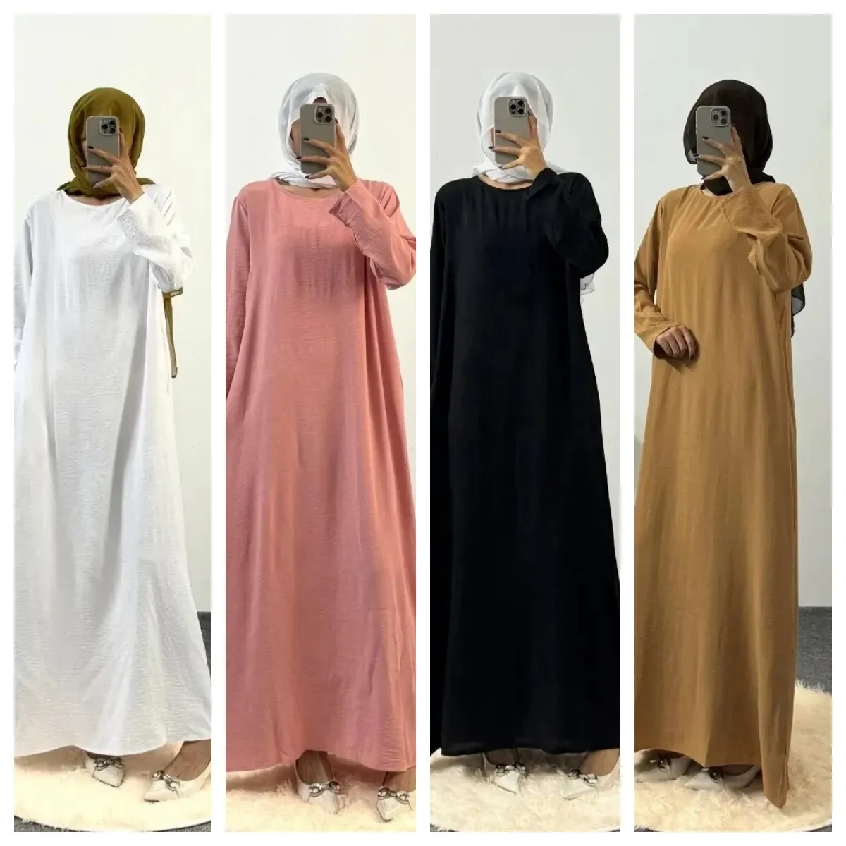 Muslim dignified dress, Islamic clothing long sleeved solid color loose casual O-neck long skirt