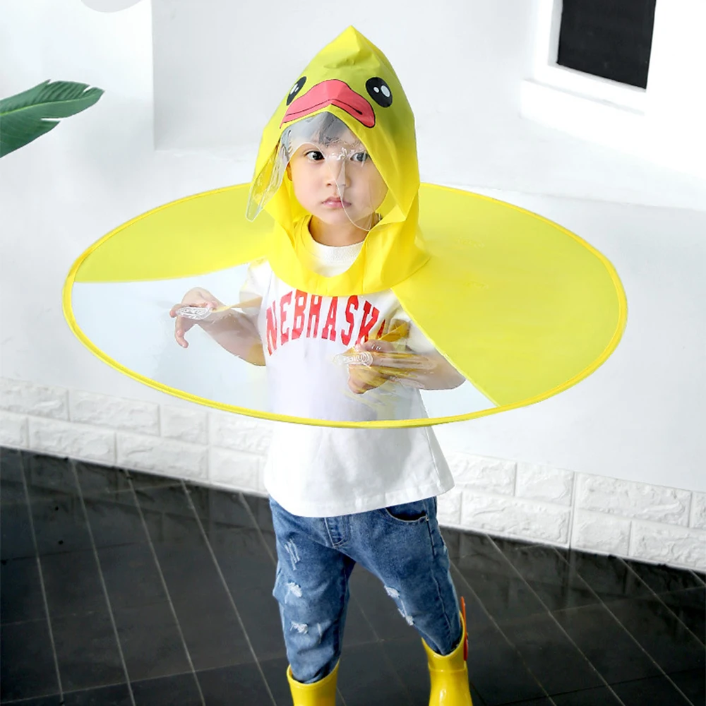 Creative Kids Rain Cover Cute Cartoon Duck UFO Children's Raincoat Boys And Girls Umbrella Hat Windproof Poncho Rain Gear Hot-ll