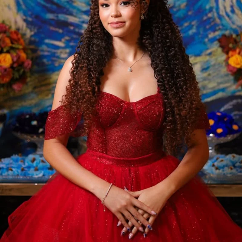 

light pink Quinceanera Dress off-shoulder Lace layering glitter decal Long tail bow vestidos de 15 Quinceanera ﻿Customize