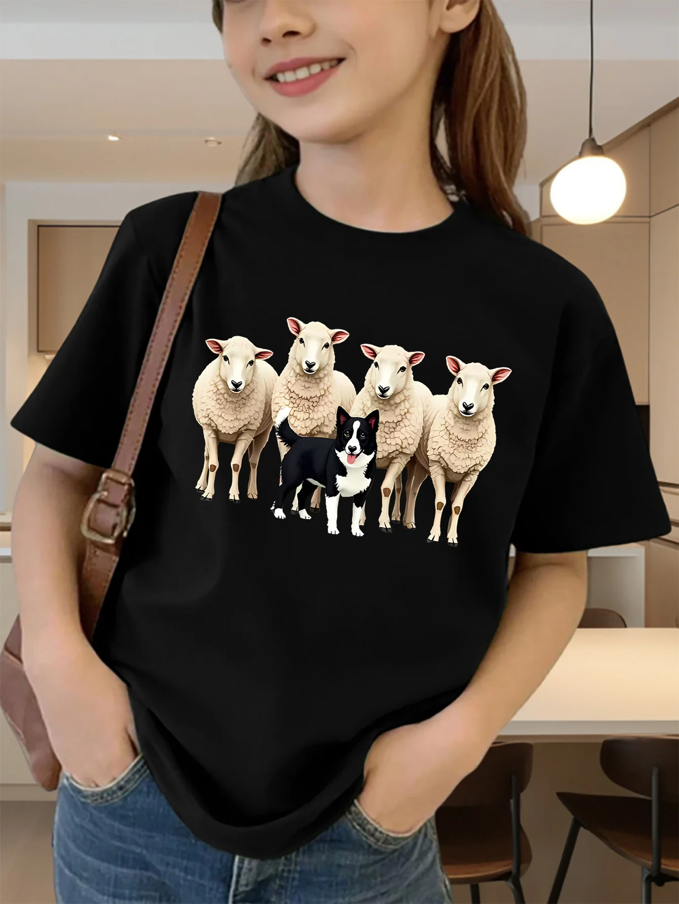 Sheep Border Collie Animal Print Boy Girls T Shirt Lovely Farm Pet Kids Tee Parent Child Matching Casual Summer Family Daily Top