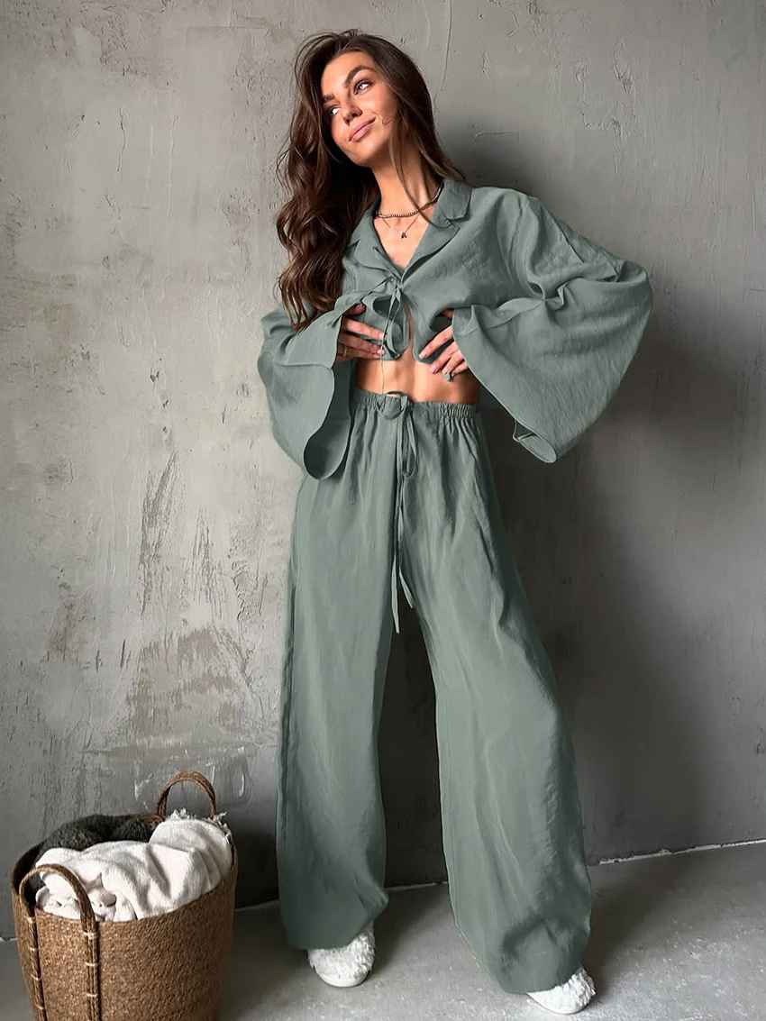 Marthaqiqi Loose Women Pajamas Suit Turn-Down Collar Sleepwear Long Sleeve Nightgowns Lace Up Nightwear Pants Casual Pyjamas Set