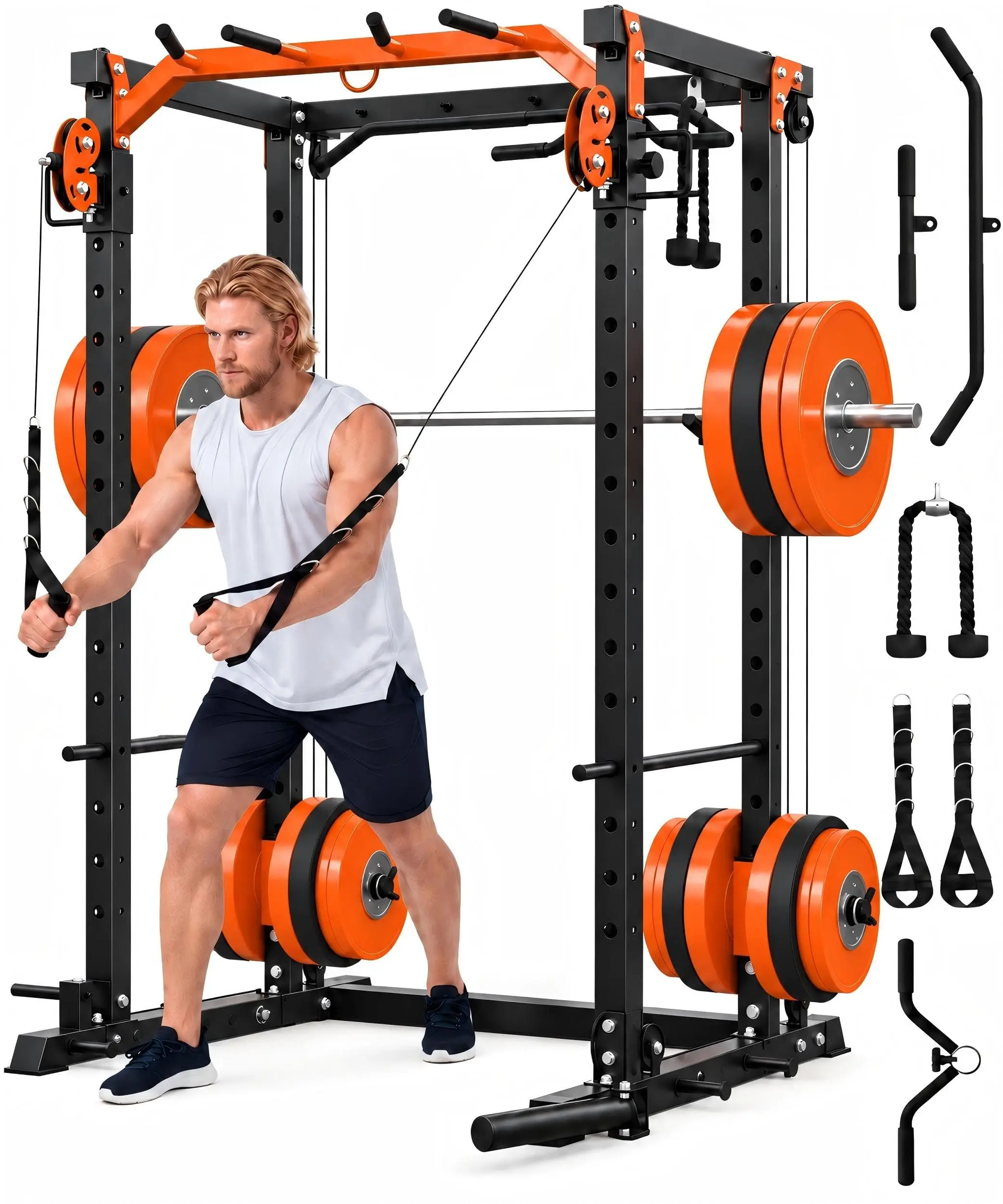 2000LBS Heavy Duty Power Cage – Multi-Functional Squat Rack with Adjustable Cable Crossover & Pulley System – Full Body