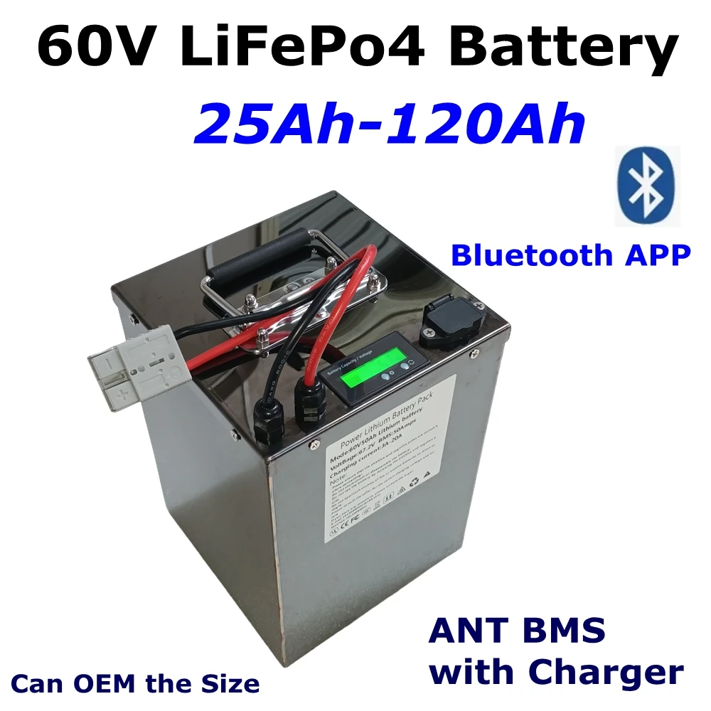 

60V 25Ah 30Ah 40Ah 80Ah 100Ah 120Ah lifepo4 Lithium battery with Bluetooth APP BMS for 3000W 5000W E-Scooter motorcycle+charger