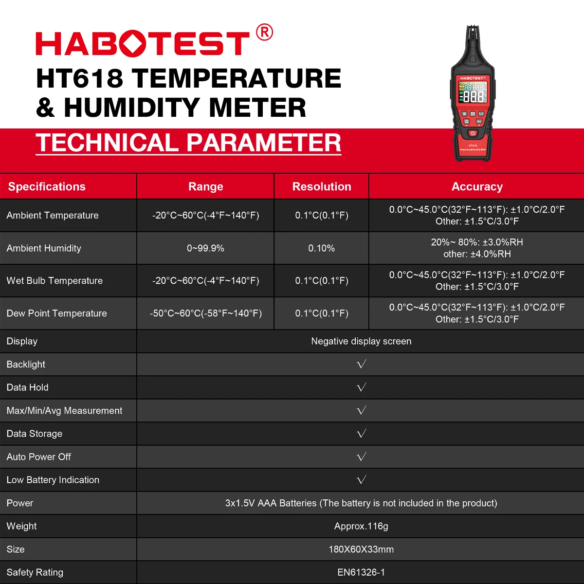 HABOTEST HT618 Digital hygrometer Temperature Humidity Meter digital industrial air temperature detector Gauge Pyrometers Tester