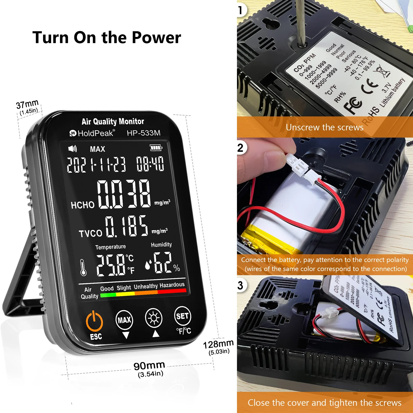 

Portable Formaldehyde HCHO TVOC Detector Indoor Air Quality Monitor Over-limit Alarm 24H Recording Type-C Charging Gas Tester