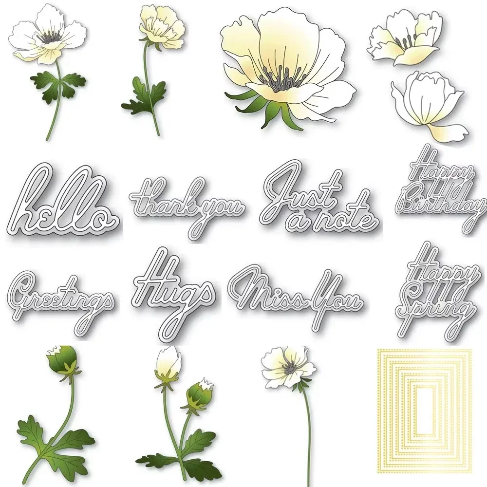 Blühendes Anemonen-Magnolienblüten-Stanzformen-Set „Happy Spring Script Sentiment Words“ gestanzt für die Herstellung von DIY-Papierkarten 2024, neu
