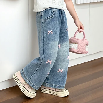 Girls' Jeans Straight Wide Leg Washed Soft Cow Pine Girl All-Match Wide and Long Pants Spring New