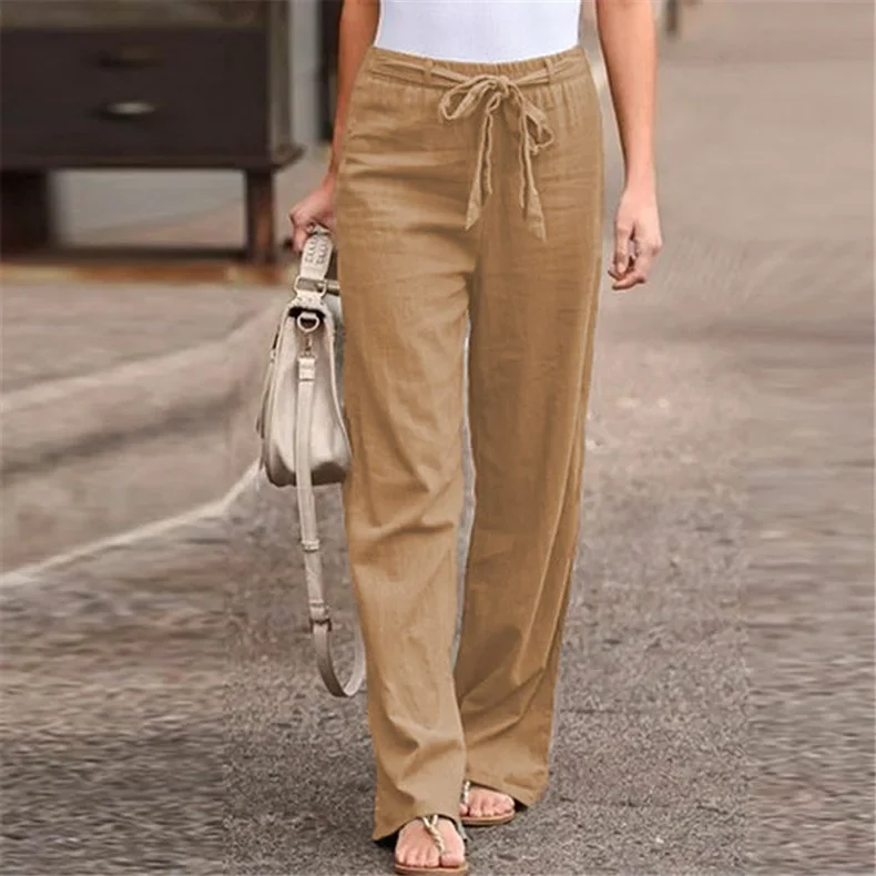 Women Cotton Linen Pants Fashion Solid Color Elastic Waist Loose Straight Pants Female Ankle-length Trousers Summer Casual Pants