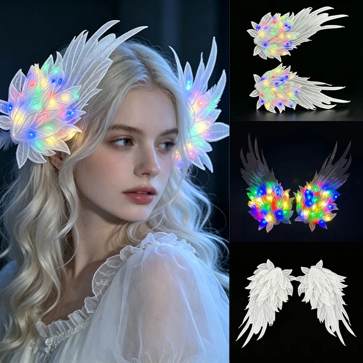 1pair Lolita LED Light Up Feather Hair Clip Glowing Floral Hair Accessories Elf Fairy Headpiece Dance Show Headwear Cosplay Prop