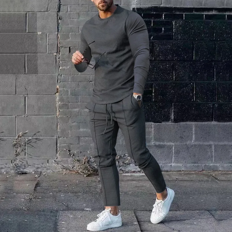 Cross-border Mens Autumn Two-Piece Suit Loose Crew Neck Long Sleeve T-Shirt With Comfortable Pants Casual Wear