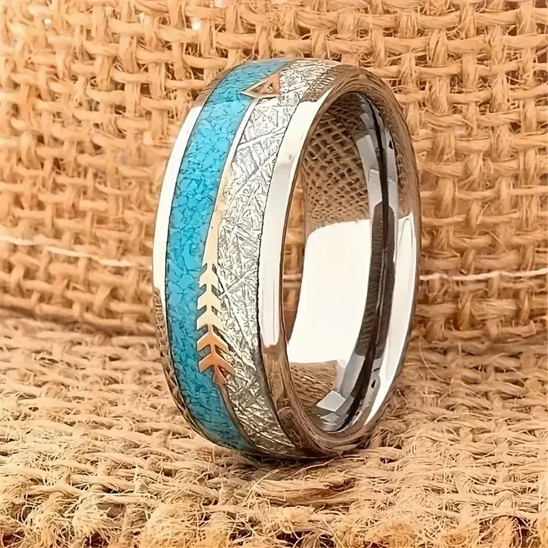 Cool 8mm Silver Color Camo Pattern Inlay Ring for Men
