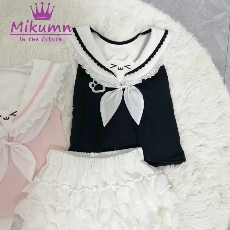 Mikumn Harajuku Kawaii Cat Cartoon Lolita Style T Shirt Girls Y2k Lace Rabbit Ears Slim Crop Top Tees Fairy Grunge Cute T-shirts