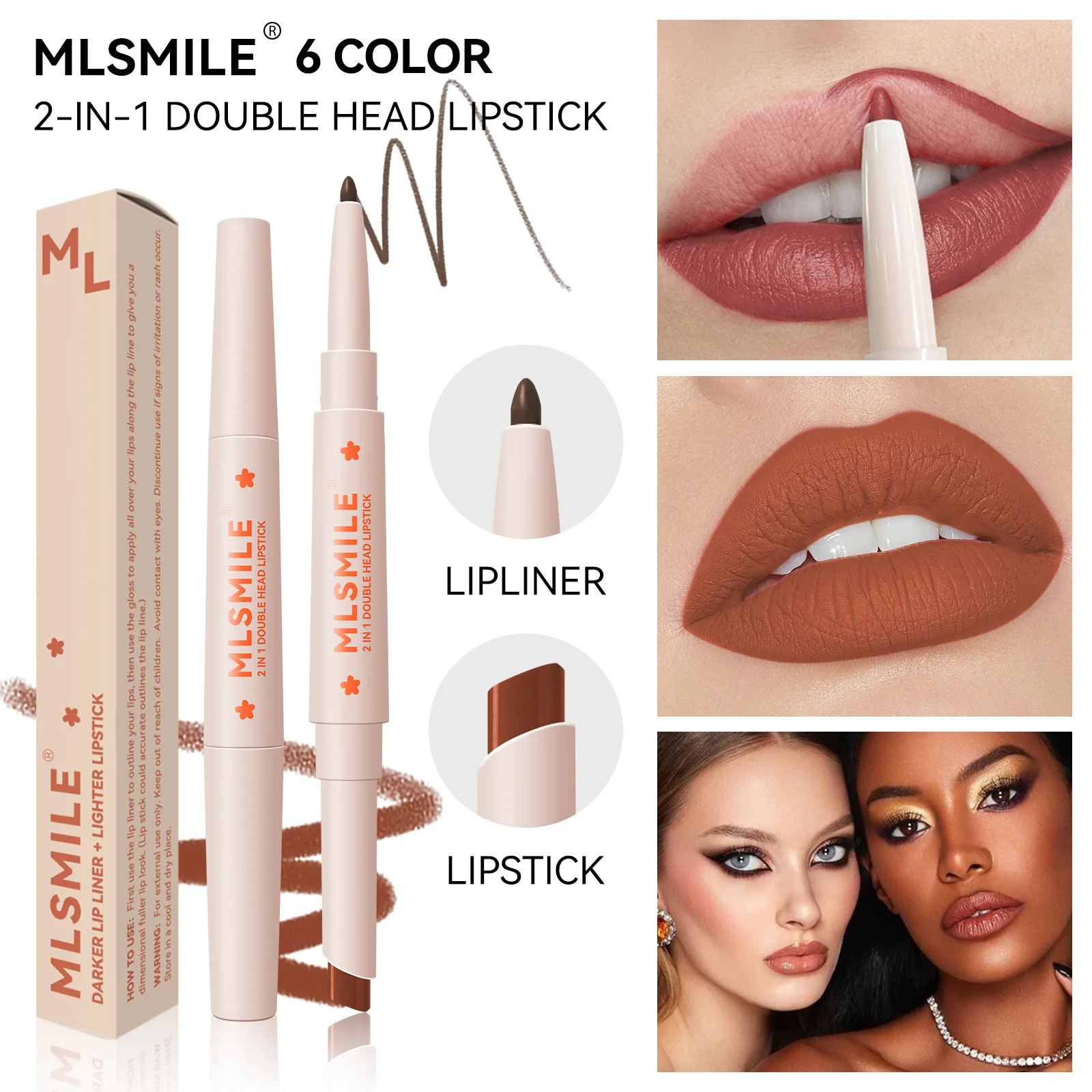 MLSMILE 6 Color Double-sided Lipstick Matte Smooth Lightweight Finish Waterproof Long-lasting 2 in 1 Lip Line Lipstick Set 2.1g