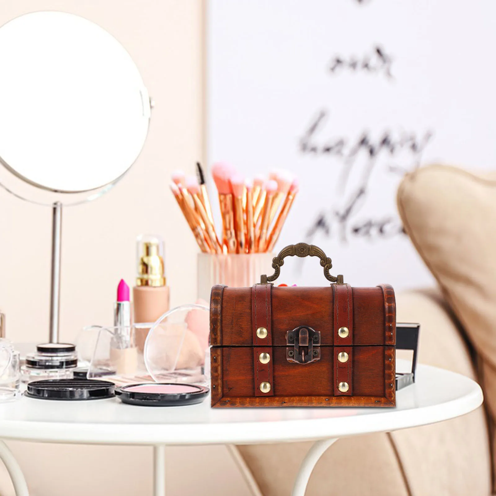 

Wooden Treasure Chest Retro Yellow Lockable Jewelry Storage Container for Earrings Rings Amber Trinkets Display Case Small