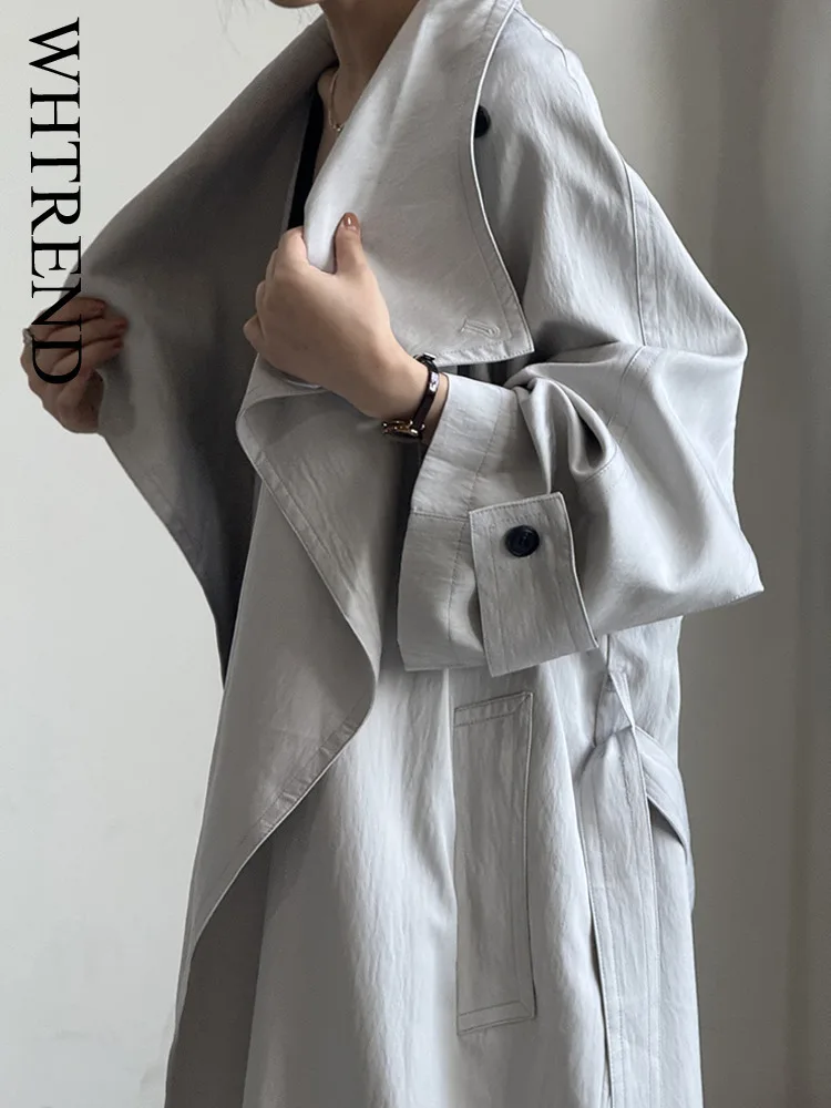 

WHTREND Casual Versatile Long Trench Coat For Women Autumn Korean Style Loose Style Large Lapel Belt Windbreaker Coat WH1179