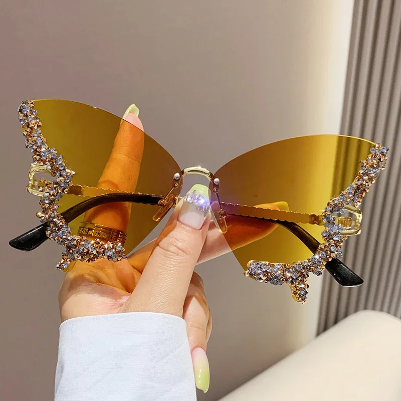 Elbru-Luxury Butterfly Diamond óculos de sol para homens e mulheres, armação de metal, sem aro, ao ar livre, senhoras, moda, UV400