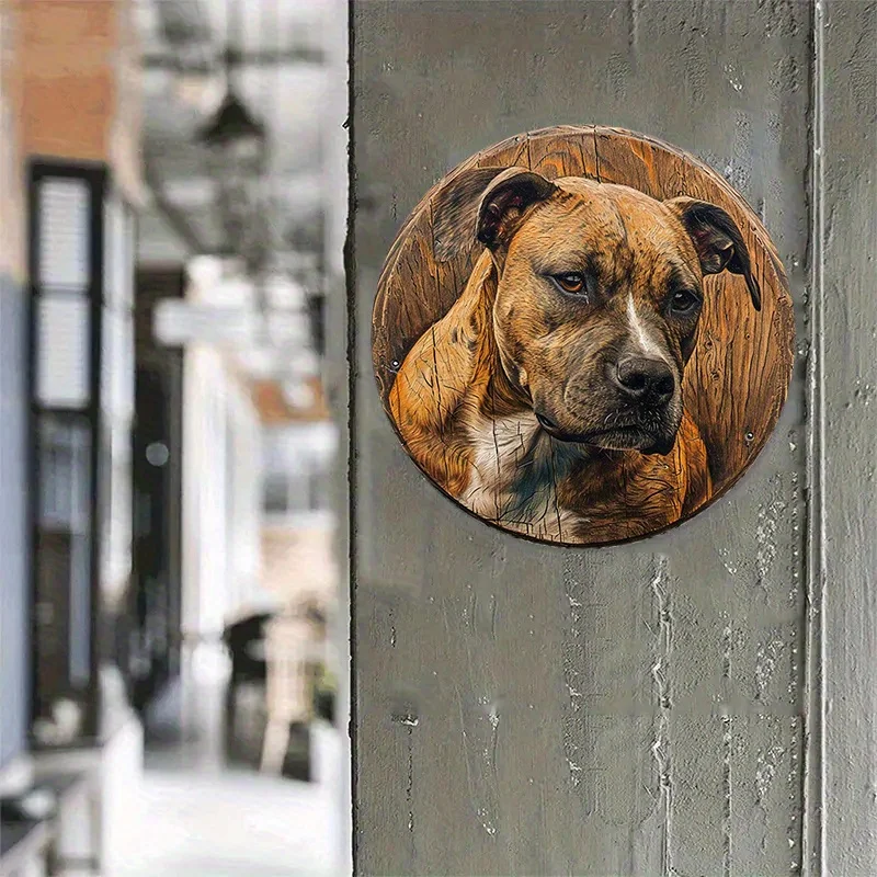 Aluminum Sign Faux Woodblock Print Circular Sign Bedroom Decoration Boys Gifts American Staffordshire Terrier Themed Decoration