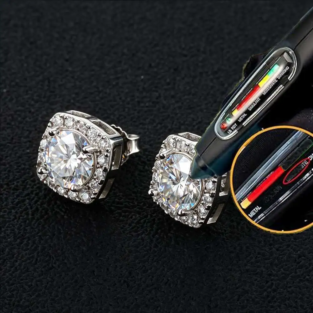 VVS1 Round Moissanite Stud Earrings For Men Women Square Halo Dazzling Ear Studs 925 Sterling Silver Hip Hop Fine Jewelry Gift